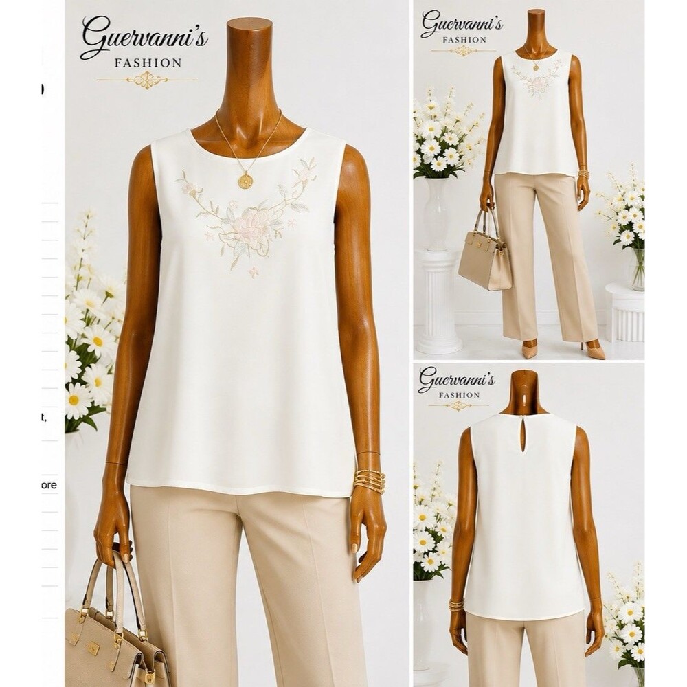 KATHY CHE WHITE FLORAL DESIGN EMBROIDERED SLEEVELESS  BLOUSE SIZE Medium CAREER